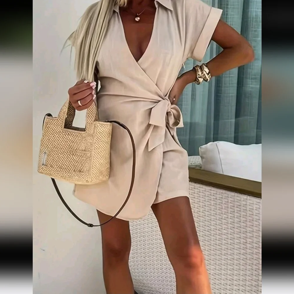 Women's Sexy V-Neck Tie-Front Short Sleeve Bodycon Jumpsuit Romper - Soli - Picture 2 of 4